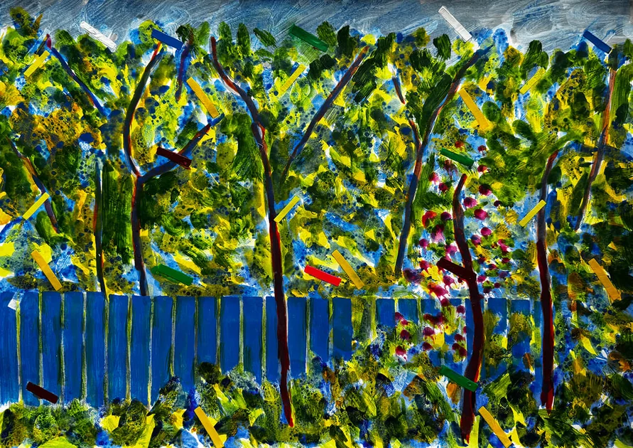 The Blue Fence by Mark Painter — Acrylic on Paper (2025)